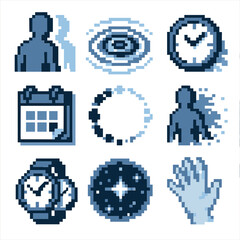 Fototapeta premium Chronal Shift Icons. Pixel art icon set of chronal shift elements: phase shift icon, time ripple, echo clock, offset calendar,