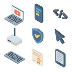 Digital Literacy Icons. Isometric Flat icon set of digital literacy training: laptop, smartphone, code brackets, Wi-Fi router,