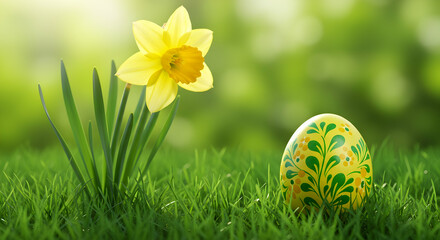 Easter egg hunt spring daffodil yellow green grass fresh nature holiday celebration springtime joy © Sulfabndi