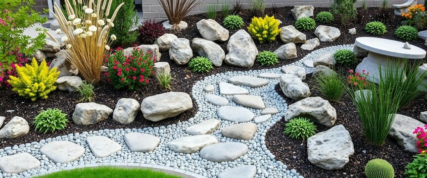 Hochaufl&ouml;sendes Gartenfoto: Ein elegant geschwungener Trittstein-Pfad f&uuml;hrt durch einen pflegeleichten Steingarten mit &uuml;ppigen Ziergr&auml;sern, Lavendel-Bl&uuml;ten und gro&szlig;en Findlingen &ndash; inspiriert von Zen-D