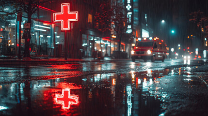 Rain-drenched street reflecting the red neon cross of a hospital and ambulance lights at the emergency entrance on a rainy night