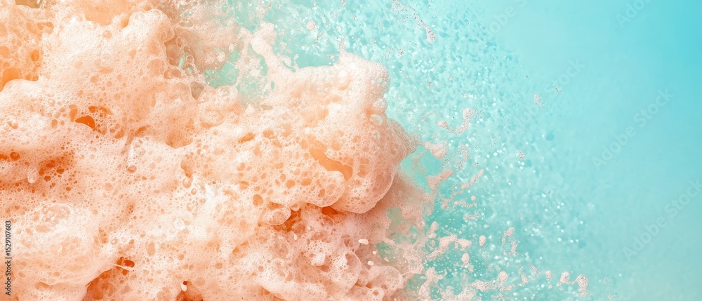 Poster peach colored foam spreads across bright turquoise liquid creating bubbles and splash texture with a