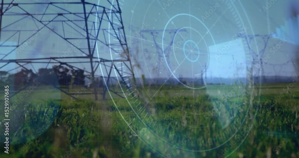 Poster faint digital interface fading in triggers rotating hud graphics scanning tower, meadow and pylons