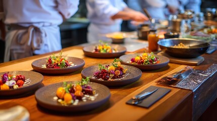Chef preparing gourmet food plating dishes in restaurant kitchen for fine dining experience catering event