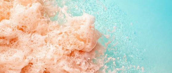 Peach colored foam spreads across bright turquoise liquid creating bubbles and splash texture with an airy feel close up