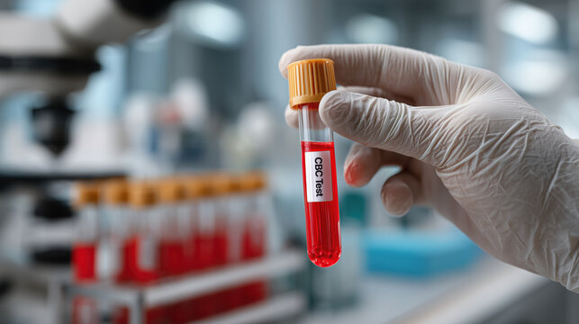 Gloved hand holding red liquid test tube labeled CBC test in laboratory, microscope and test tubes in background, clinical research