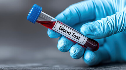 Obraz premium Blue gloved hand holding blood test tube, close up, medical laboratory analysis, healthcare concept, clinical diagnosis