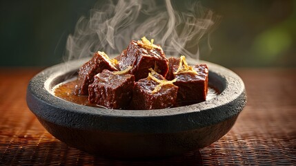 Delicious braised beef cubes recipe in bowl with steam food photography