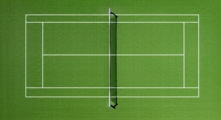 Obraz premium Aerial view of a tennis court with net and green playing surface 