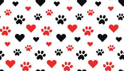 Paw and hearts seamless pattern. Footprint pet Paw