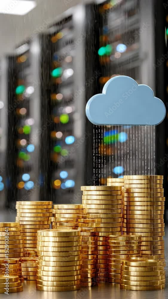 Aufkleber digital currency flows from a cloud representing data storage amid stacks of golden coins