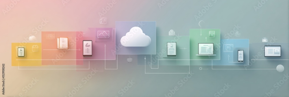 Poster Cloud Storage Concept Infographic Featuring Devices and Interactions With a Central Cloud Icon in a Modern Flat Design Style