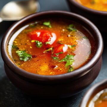 closeup shot ready to serve rasam tangy tomato spiced soup in small bowl minimal background