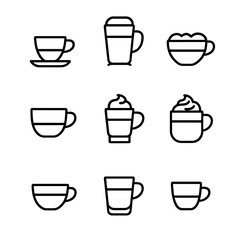 Coffee Icon Grid. Outline icon set of coffee beverages: espresso, latte, cappuccino, americano, macchiato, mocha, flat white,