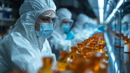 A focused female worker wearing a protective mask and gear in a pharmaceutical production facility, highlighting dedication, safety, and professionalism in the healthcare industry.