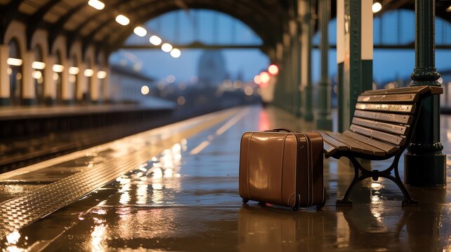 Suitcase and bench on train station platform