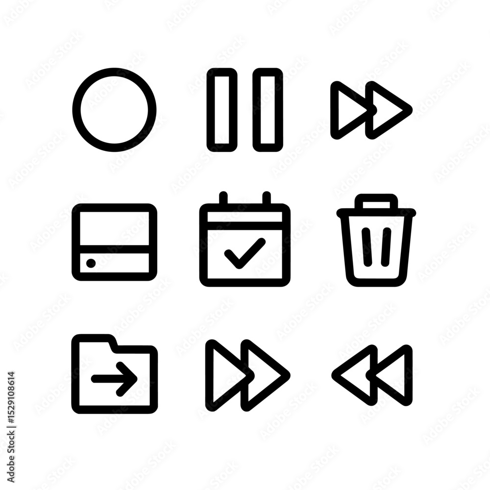 Poster dvr icon set. outline icon set of dvr recording features: record circle, pause icon, play queue, sto