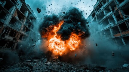A vibrant explosion brightens a dark, decaying urban landscape as flames and smoke billow upwards, capturing the intensity and chaos often associated with destruction.