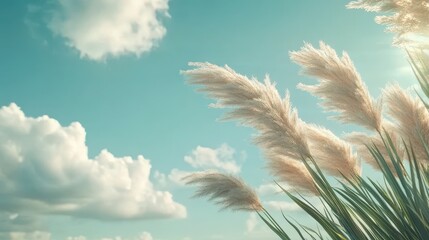 Tall grass sways gently against blue sky. White fluffy clouds float above in soft sunlight. Natural scene creates tranquil atmosphere on breezy day.