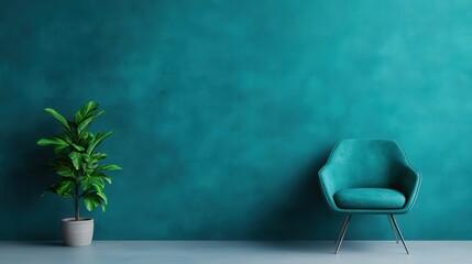 A stunning teal wall sets the backdrop for a stylish turquoise chair, creating a modern and inviting atmosphere, perfect for contemporary interior designs.