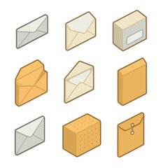Envelope Icon Grid. Isometric Flat icon set of Envelope Sizes and Types: #10 envelope, A7 envelope, window envelope, bubble-lined