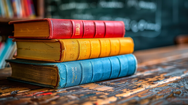 Three books stacked on top of each other on a wooden table