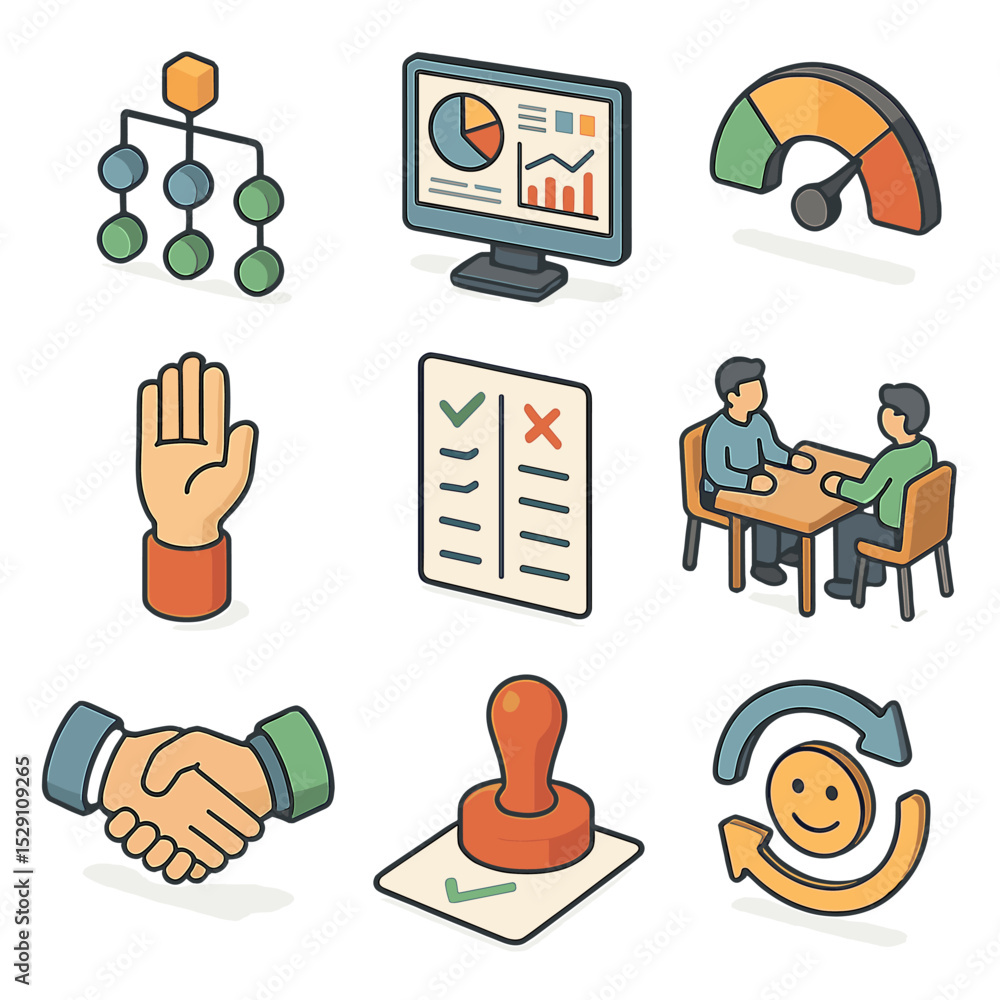 Poster executive decision icons. isometric flat icon set of executive decision-making processes: decision t