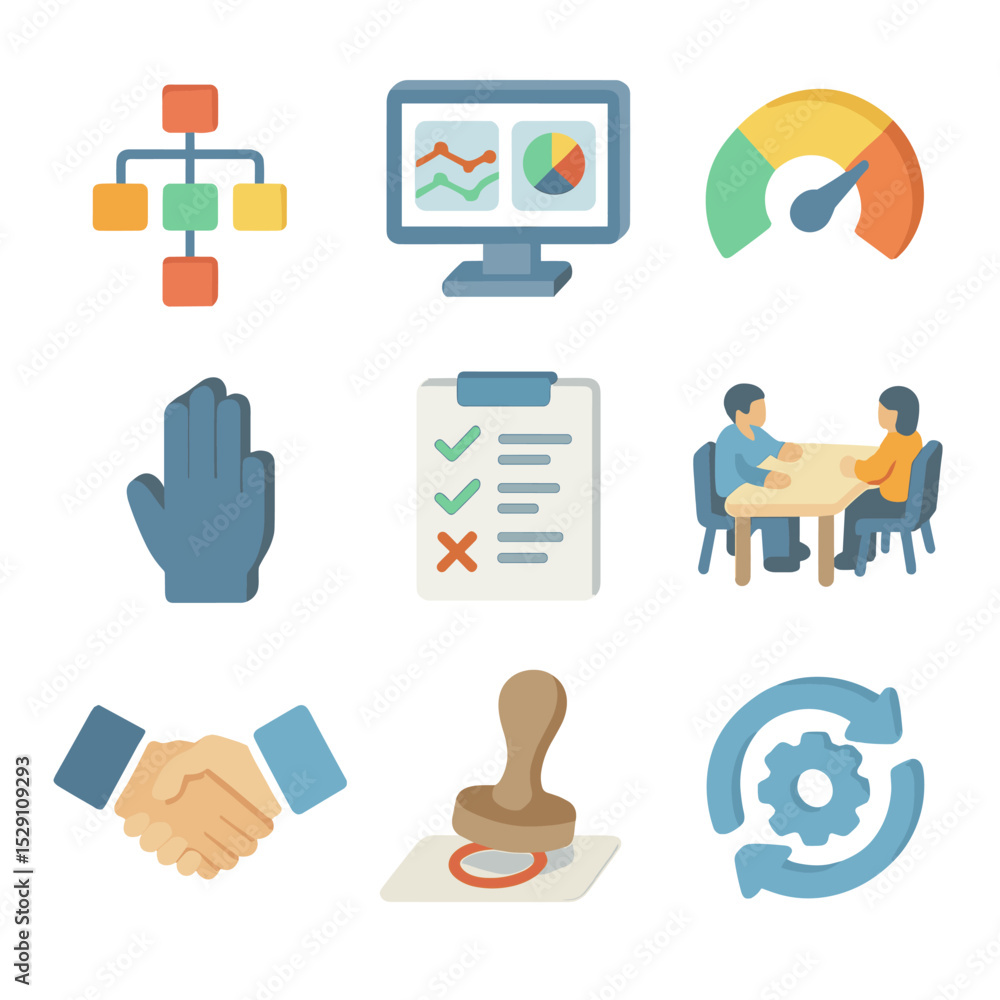 Poster executive decision icons. isometric flat icon set of executive decision-making processes: decision t