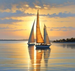Illustration of sailboat yaht in calm ocean with island and sunrise.