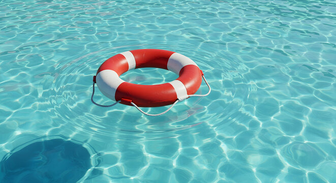 Red and white lifebuoy floating in a clear blue swimming pool summer safety rescue help water sport
