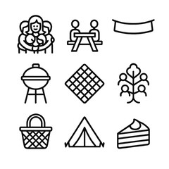 Family Reunion Icons. Outline icon set of family reunion snapshots: group hug, picnic table, banner Welcome, barbecue grill,