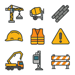Construction Icons Grid. Flat icon set of construction site elements: tower crane, cement mixer, rebar bundle, safety helmet, high