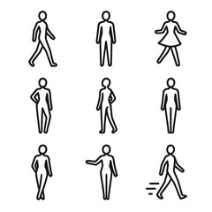 Fashion Pose Icons. Outline icon set of model poses: strut silhouette, halt pose, twirl motion, hand on hip, over-the-shoulder