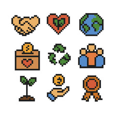 Corporate Responsibility Icons. Pixel art icon set of corporate social responsibility: handshake, heart leaf, globe, charity box,