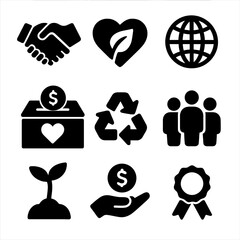 Corporate Icons Grid. Solid, Filled icon set of corporate social responsibility: handshake, heart leaf, globe, charity box,