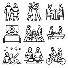 Couple Activities Icons. Outline icon set of couple activities: walking hand in hand, dancing, dinner date, watching movie, picnic