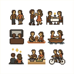 Couple Activities Icons. Pixel art icon set of couple activities: walking hand in hand, dancing, dinner date, watching movie,