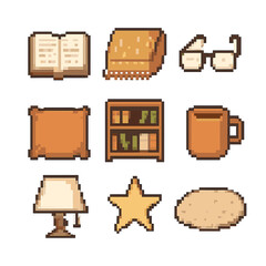 Cozy Reading Icons. Pixel art icon set of cozy reading nook: open book, blanket, reading glasses, cushion, bookshelf, mug, lamp,
