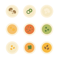 Cream Soup Icons. Flat icon set of cream soups: mushroom soup, potato leek soup, cauliflower soup, butternut squash soup, tomato