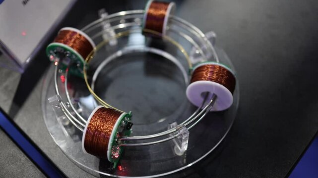Electromagnetic coil array arranged in a circular transparent frame with copper windings and visible wiring demonstrates wireless power transfer or magnetic field experiments for STEM education and re