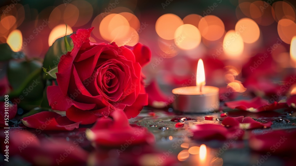 Poster this captivating image features a lush red rose resting elegantly on a dark surface, illuminated by 