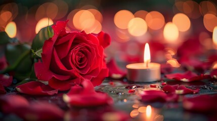 This captivating image features a lush red rose resting elegantly on a dark surface, illuminated by soft candlelight and surrounded by delicate rose petals, evoking romance.