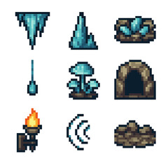 Crystal Cavern Icons. Pixel art icon set of crystal cavern environment: stalactite, stalagmite, mineral vein, dripping water,
