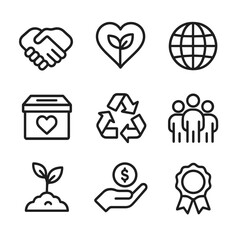 CSR Icon Set. Outline icon set of corporate social responsibility: handshake, heart leaf, globe, charity box, recycling symbol,
