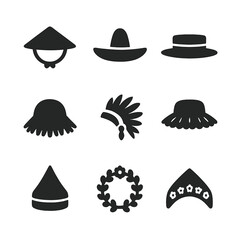 Cultural Hat Icons Grid. Solid, Filled icon set of cultural scarecrow hats: Japanese kasa, Mexican sombrero, English straw boater,