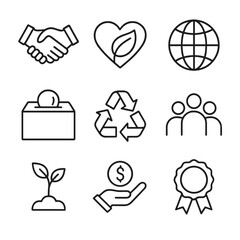CSR Icon Set. Outline icon set of corporate social responsibility: handshake, heart leaf, globe, charity box, recycling symbol,