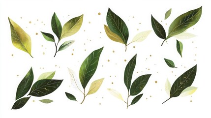 Fun cartoon vector illustration of bay leaves floating with small sparkles on white