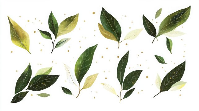 Fun cartoon vector illustration of bay leaves floating with small sparkles on white