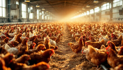 Modern egg facility with caged hens and conveyors under bright LED lighting.








