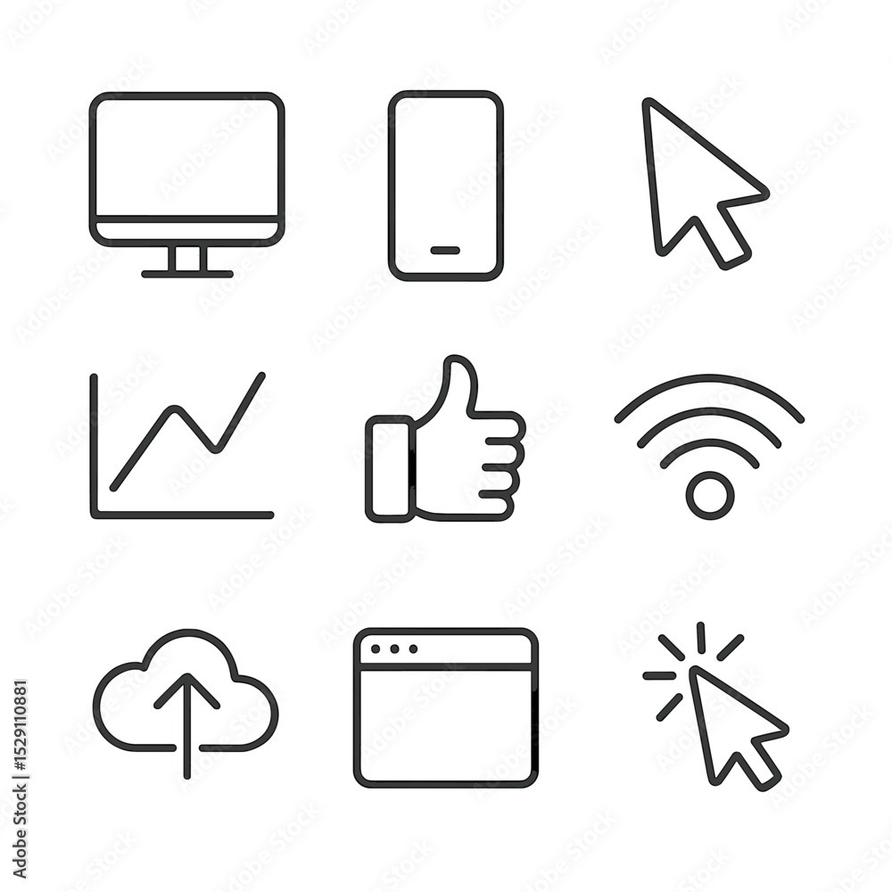Poster digital icon grid. outline icon set of digital presence: computer screen, smartphone, mouse pointer,